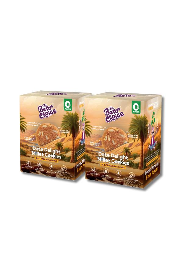 The Bettr Choice Date Delight Millet Cookies - Wholesome 100% Oats & Millet Blend with Dates, Organic Jaggery, Ragi, Cocoa, Ginkgo Biloba, Sunflower Seeds, No Added Refined Sugar - 2 Pack